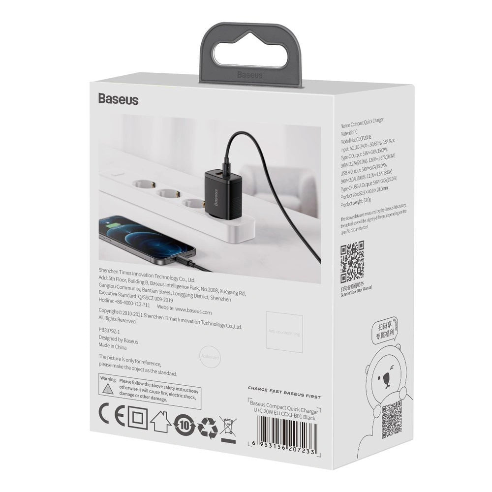 Szybka ładowarka sieciowa USB-A / USB-C Baseus Compact CCXJ-B02 20W 3A PD QC 3.0