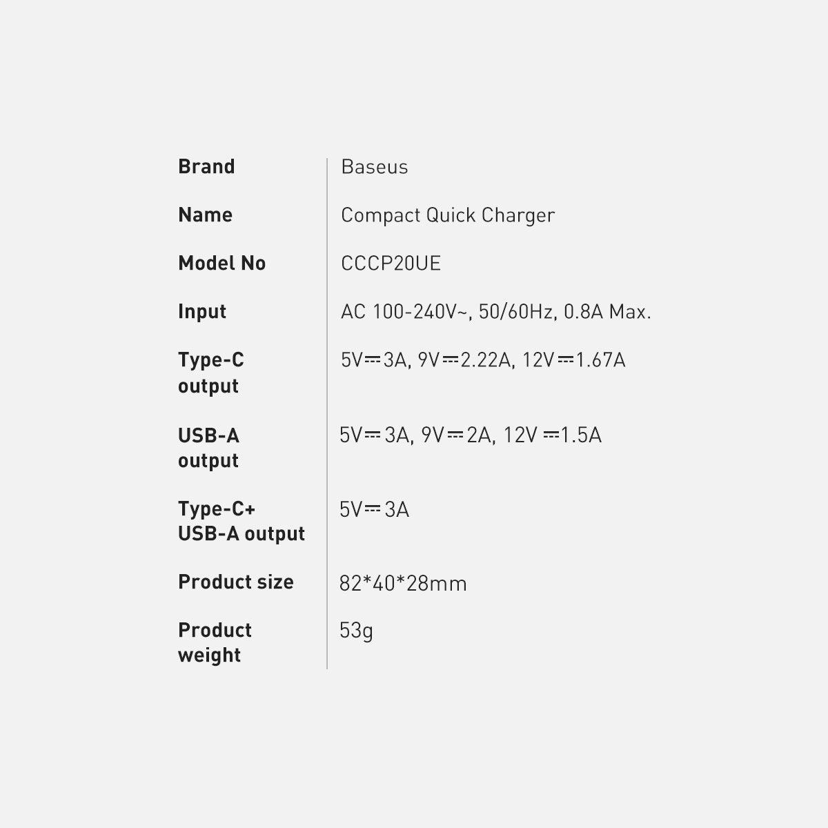 Szybka ładowarka sieciowa USB-A / USB-C Baseus Compact CCXJ-B02 20W 3A PD QC 3.0