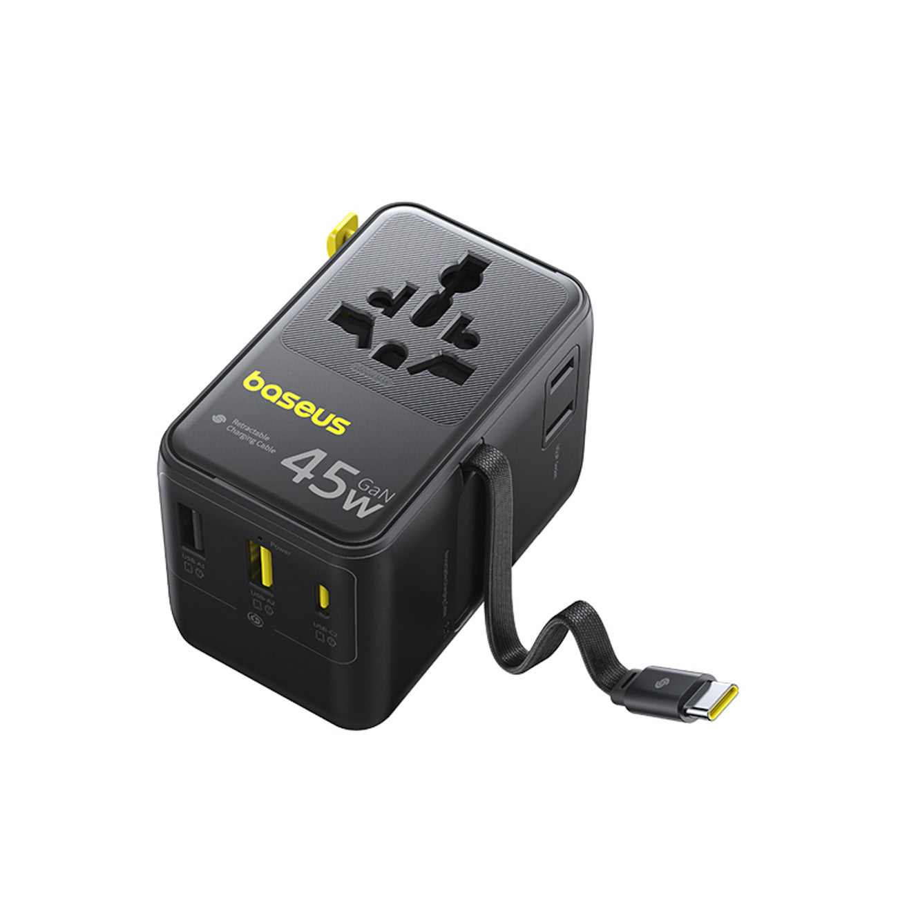 Adapter podróżny Baseus PicoGo AG11 45W 6w1 ze zwijanym kablem USB-C - czarny