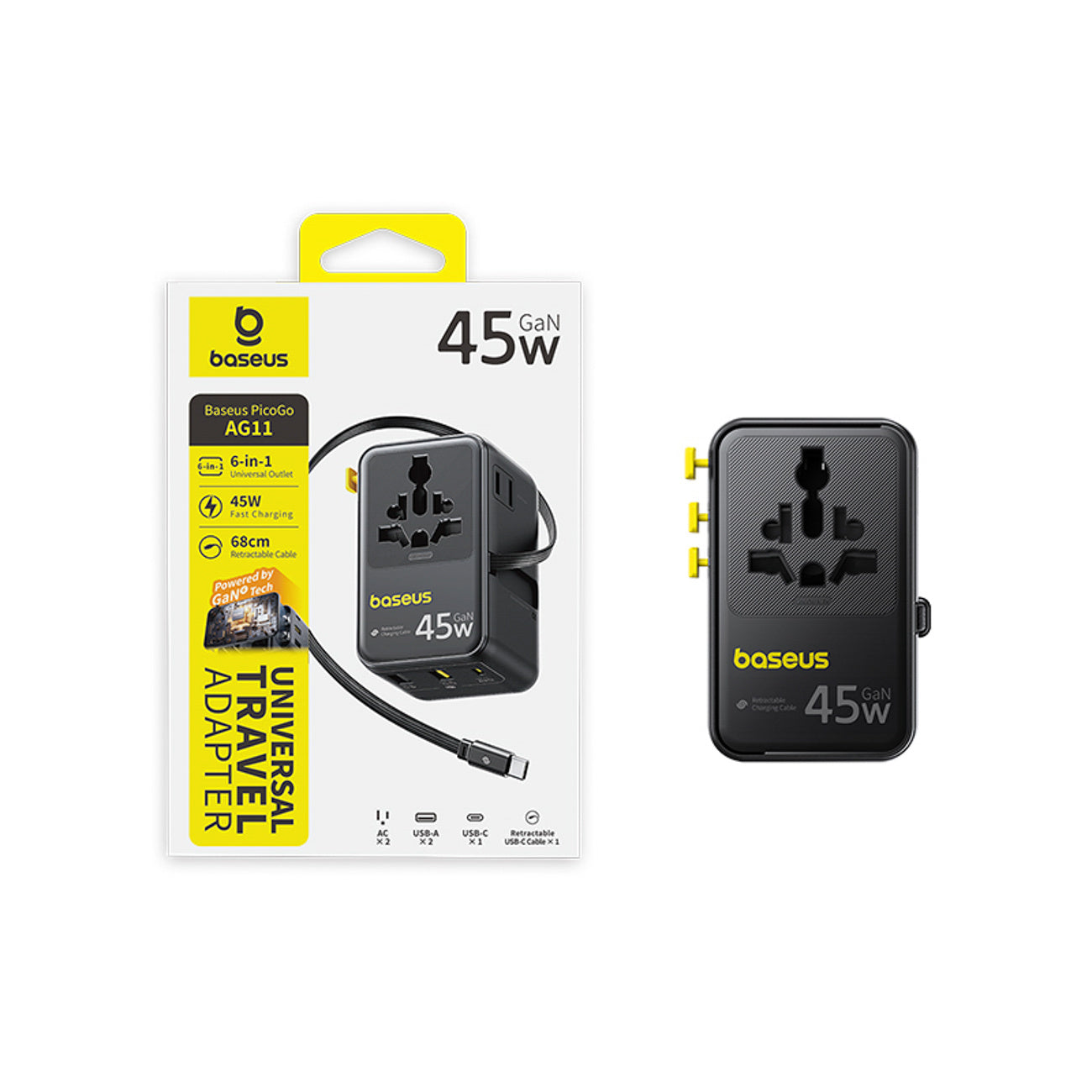 Adapter podróżny Baseus PicoGo AG11 45W 6w1 ze zwijanym kablem USB-C