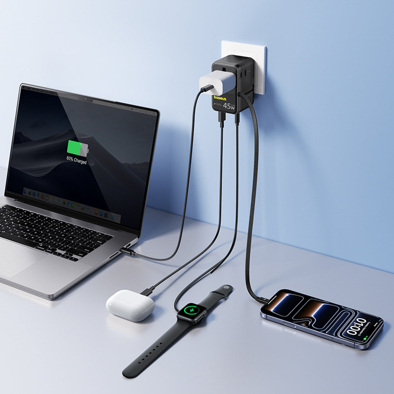 Adapter podróżny Baseus PicoGo AG11 45W 6w1 ze zwijanym kablem USB-C