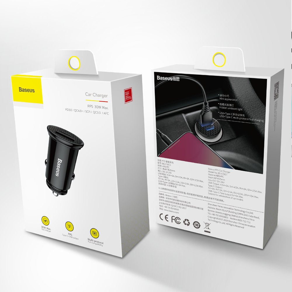 Baseus Circular PPS Ładowarka samochodowa USB-A + USB-C PD 3.0 QC 4.0 30W