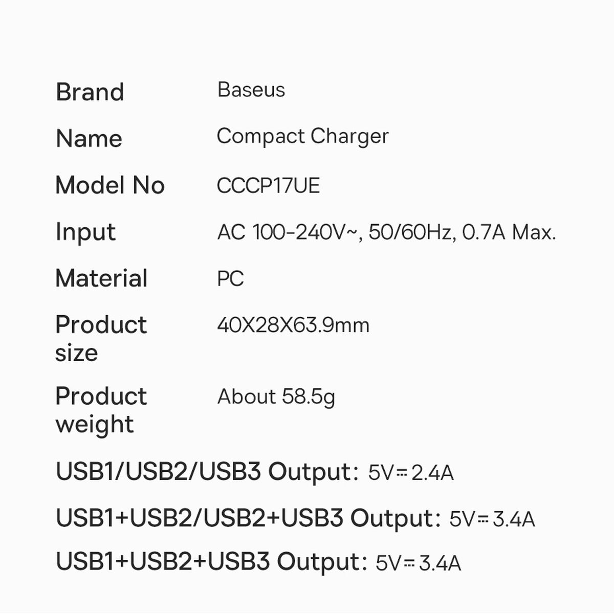 Baseus Compact ładowarka sieciowa 3x USB 17W