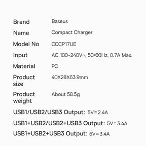 Baseus Compact ładowarka sieciowa 3x USB 17W