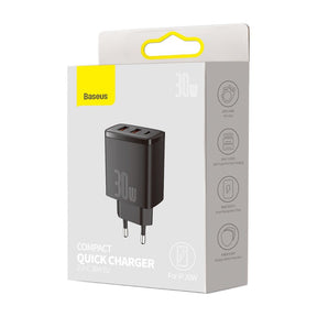 Baseus Compact Szybka ładowarka sieciowa 3-portowa 30W (USB-C + 2x USB-A)