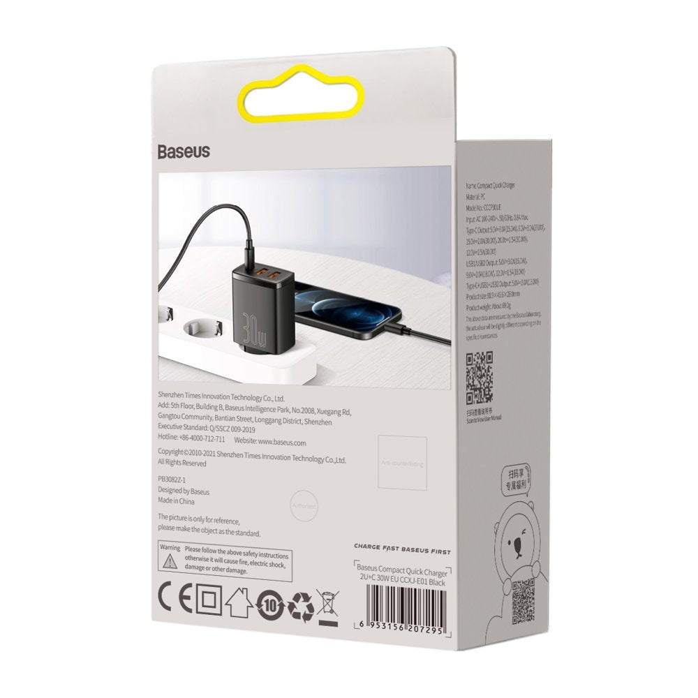Baseus Compact Szybka ładowarka sieciowa 3-portowa 30W (USB-C + 2x USB-A)