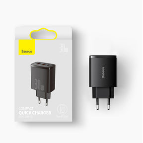 Baseus Compact Szybka ładowarka sieciowa 3-portowa 30W (USB-C + 2x USB-A)