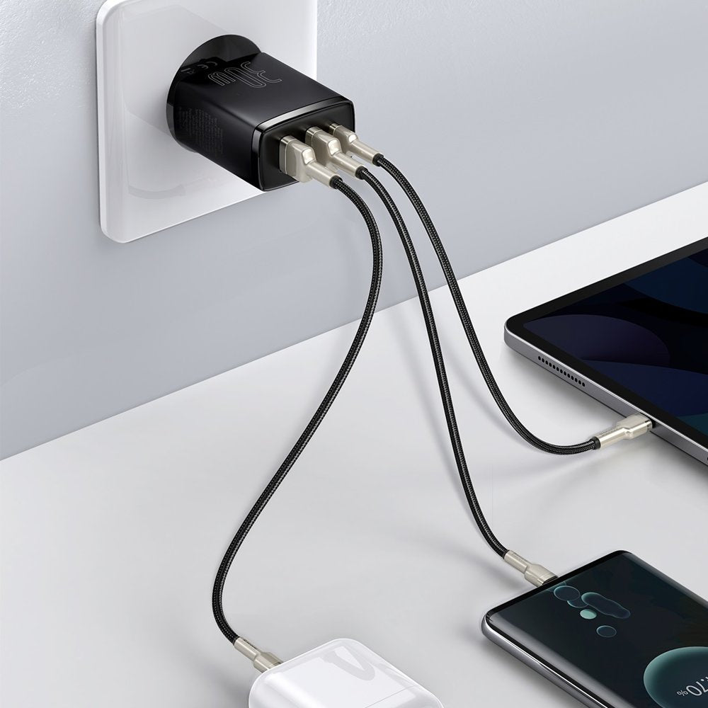 Baseus Compact Szybka ładowarka sieciowa 3-portowa 30W (USB-C + 2x USB-A)