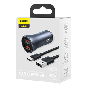 Baseus Golden Contactor Pro szybka ładowarka samochodowa 2x USB 40W Quick Charge SCP FCP AFC + kabel USB-C