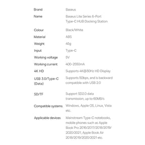 Baseus Lite Series Wielofunkcyjny HUB USB-C – 2x USB 3.0 / USB-C / HDMI 1.4 / SD/TF OTG