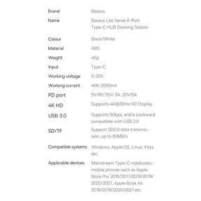 Baseus Lite Series wielofunkcyjny HUB USB-C 2x USB 3.0 / USB-C PD / HDMI 1.4 / SD/TF (WKQX050101)