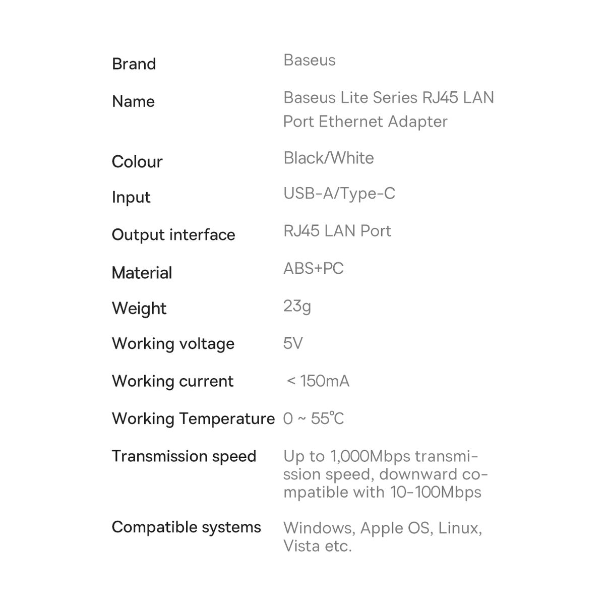 Baseus Lite Series Zewnętrzna karta sieciowa USB-C – RJ45 1Gbps