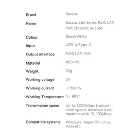 Baseus Lite Series Zewnętrzna karta sieciowa USB-C – RJ45 1Gbps