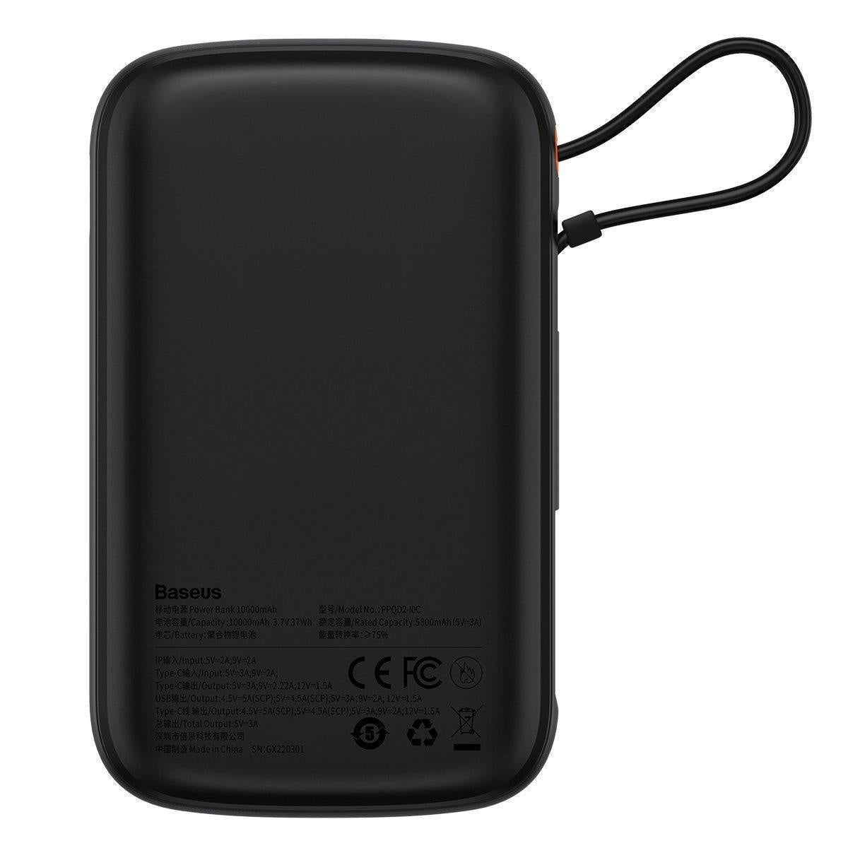 Baseus Qpow Digital Display Powerbank z szybkim ładowaniem 10000mAh 22,5W QC/PD/SCP/FCP z wbudowanym kablem USB-C