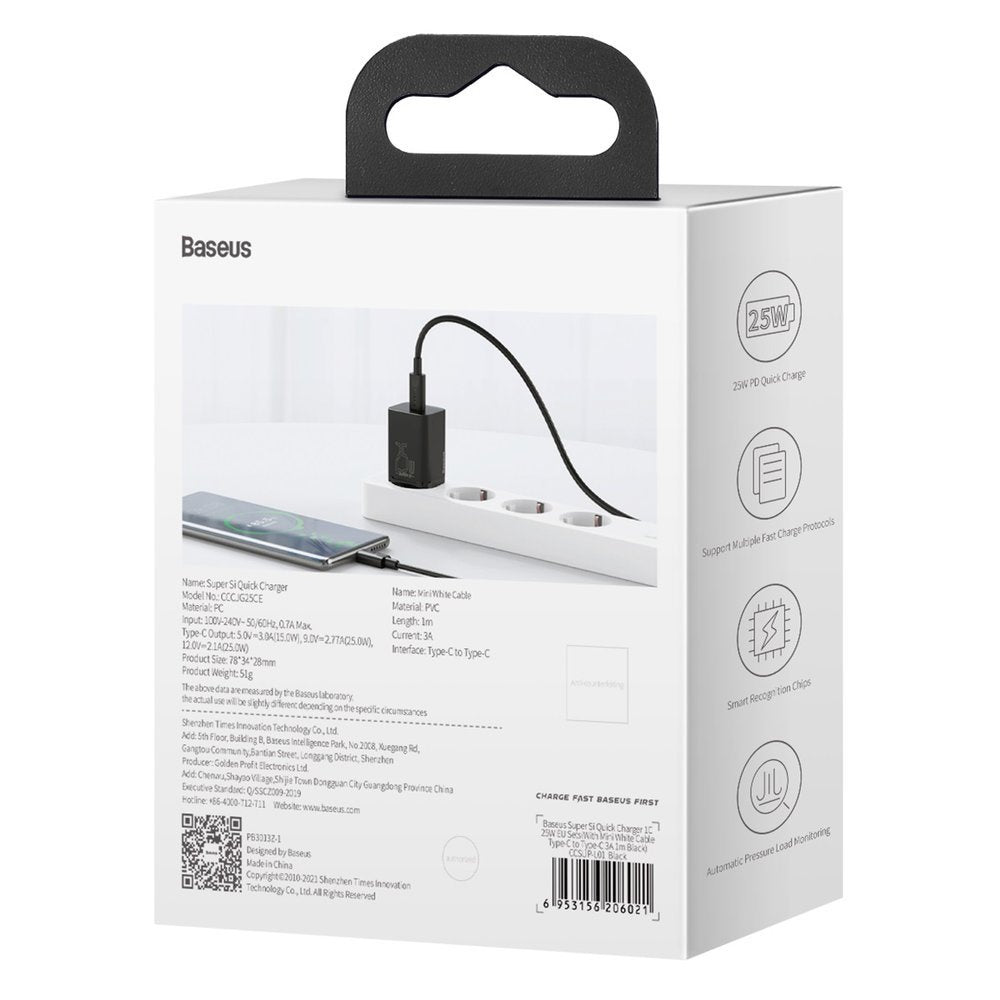 Baseus Super Si szybka ładowarka sieciowa Quick Charge 3.0 Power Delivery 25W 3A + Kabel USB Typ C