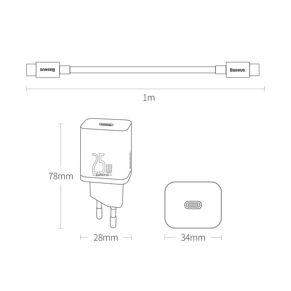 Baseus Super Si szybka ładowarka sieciowa Quick Charge 3.0 Power Delivery 25W 3A + Kabel USB Typ C