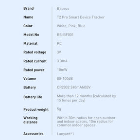 Baseus T2 Pro inteligentny lokalizator GPS do kluczy torebki dla dziecka