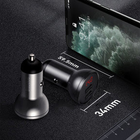 Baseus Ładowarka samochodowa 2x USB 4,8A 24W z LCD + kabel 3w1 USB-C / micro USB / Lightning 1,2m
