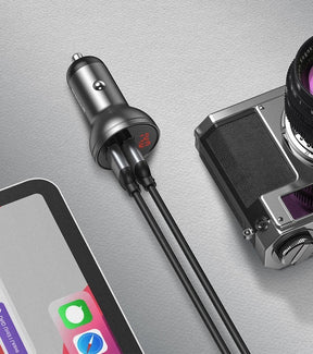 Baseus Ładowarka samochodowa 2x USB 4,8A 24W z LCD + kabel 3w1 USB-C / micro USB / Lightning 1,2m