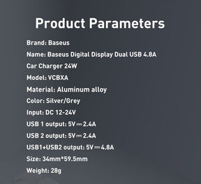 Baseus Ładowarka samochodowa 2x USB 4,8A 24W z LCD + kabel 3w1 USB-C / micro USB / Lightning 1,2m
