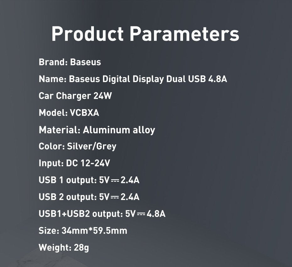 Baseus Ładowarka samochodowa 2x USB 4,8A 24W z LCD + kabel 3w1 USB-C / micro USB / Lightning 1,2m
