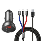 Baseus Ładowarka samochodowa 2x USB 4,8A 24W z LCD + kabel 3w1 USB-C / micro USB / Lightning 1,2m