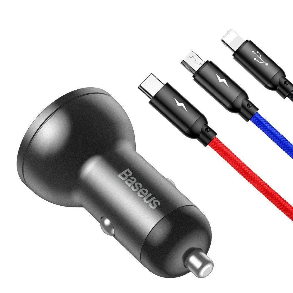 Baseus Ładowarka samochodowa 2x USB 4,8A 24W z LCD + kabel 3w1 USB-C / micro USB / Lightning 1,2m
