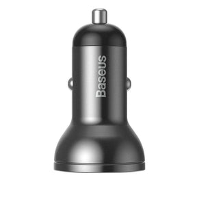 Baseus Ładowarka samochodowa 2x USB 4,8A 24W z LCD + kabel 3w1 USB-C / micro USB / Lightning 1,2m