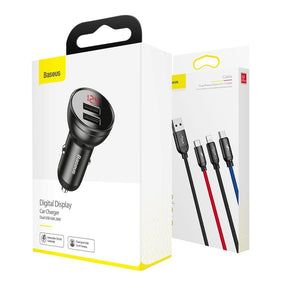 Baseus Ładowarka samochodowa 2x USB 4,8A 24W z LCD + kabel 3w1 USB-C / micro USB / Lightning 1,2m
