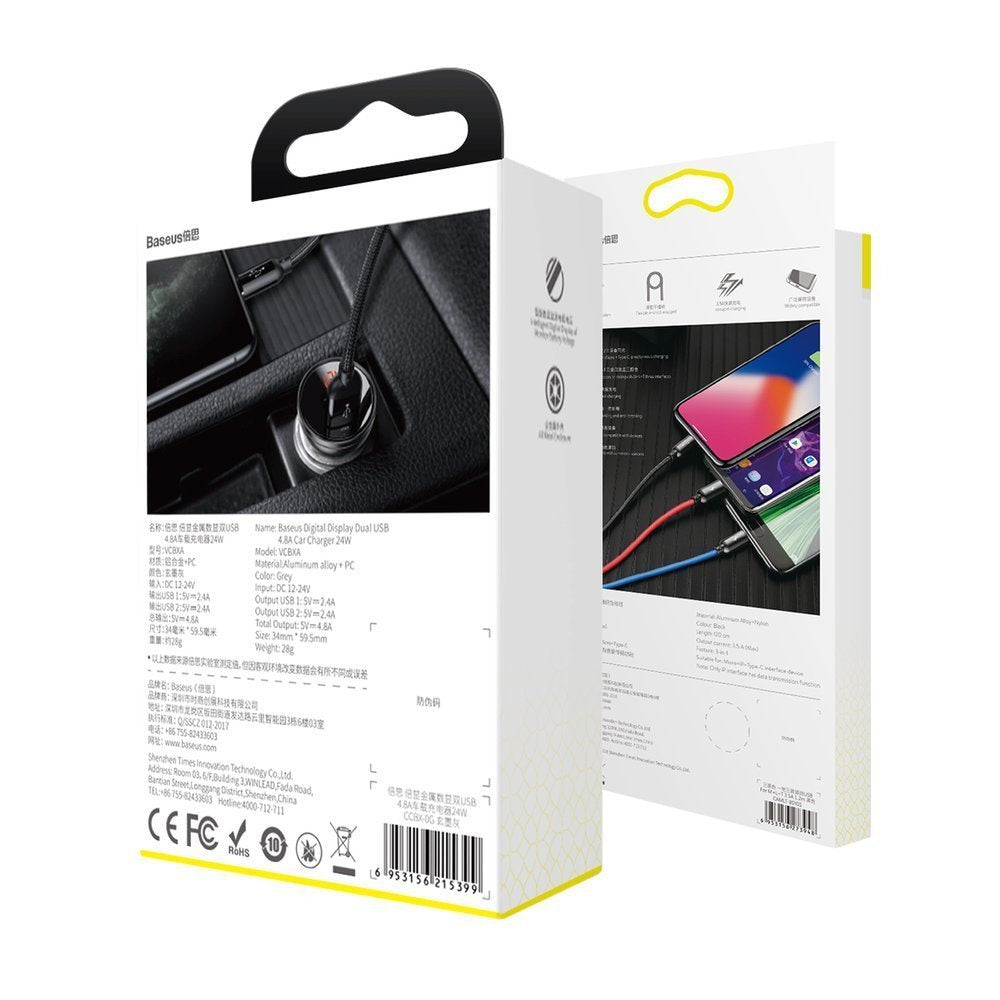Baseus Ładowarka samochodowa 2x USB 4,8A 24W z LCD + kabel 3w1 USB-C / micro USB / Lightning 1,2m