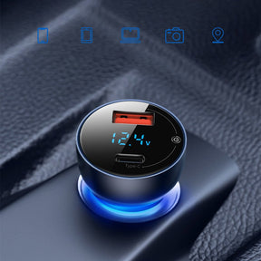 Baseus Ładowarka samochodowa USB-A / USB-C 65W SCP Quick Charge 4.0+ Power Delivery 3.0 z ekranem LCD