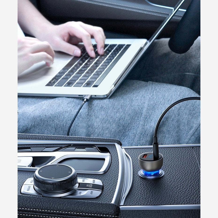 Baseus Ładowarka samochodowa USB-A / USB-C 65W SCP Quick Charge 4.0+ Power Delivery 3.0 z ekranem LCD