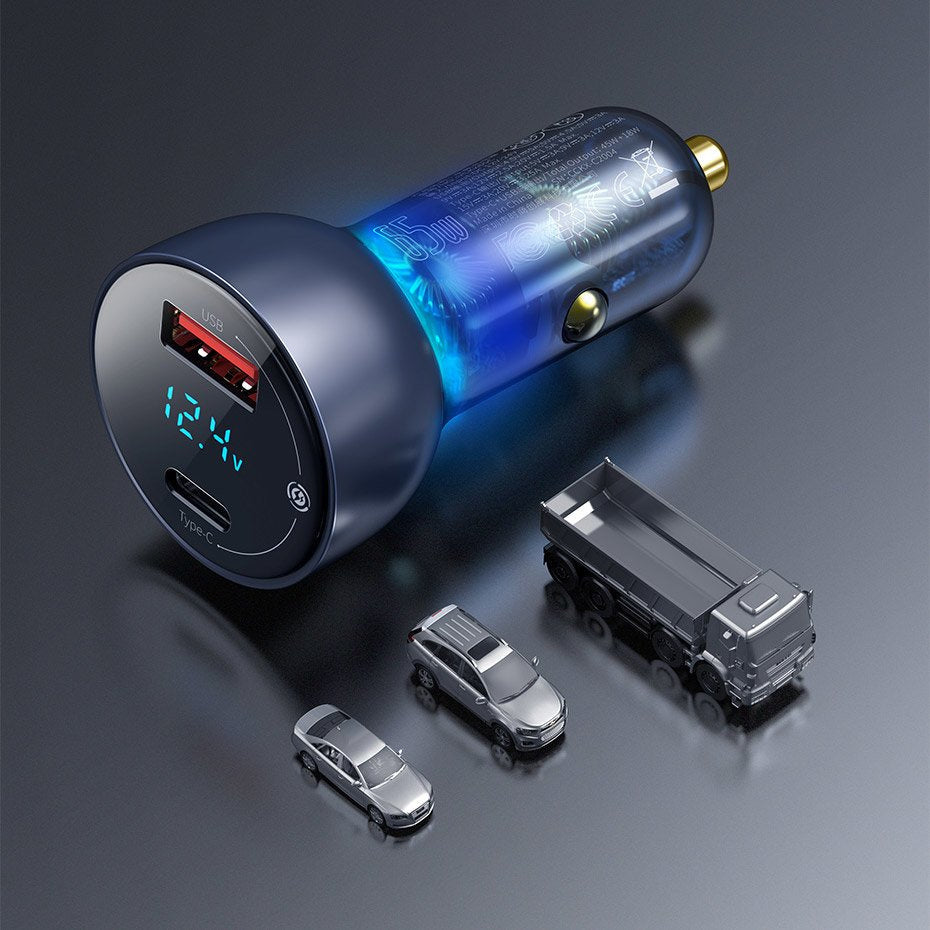 Baseus Ładowarka samochodowa USB-A / USB-C 65W SCP Quick Charge 4.0+ Power Delivery 3.0 z ekranem LCD