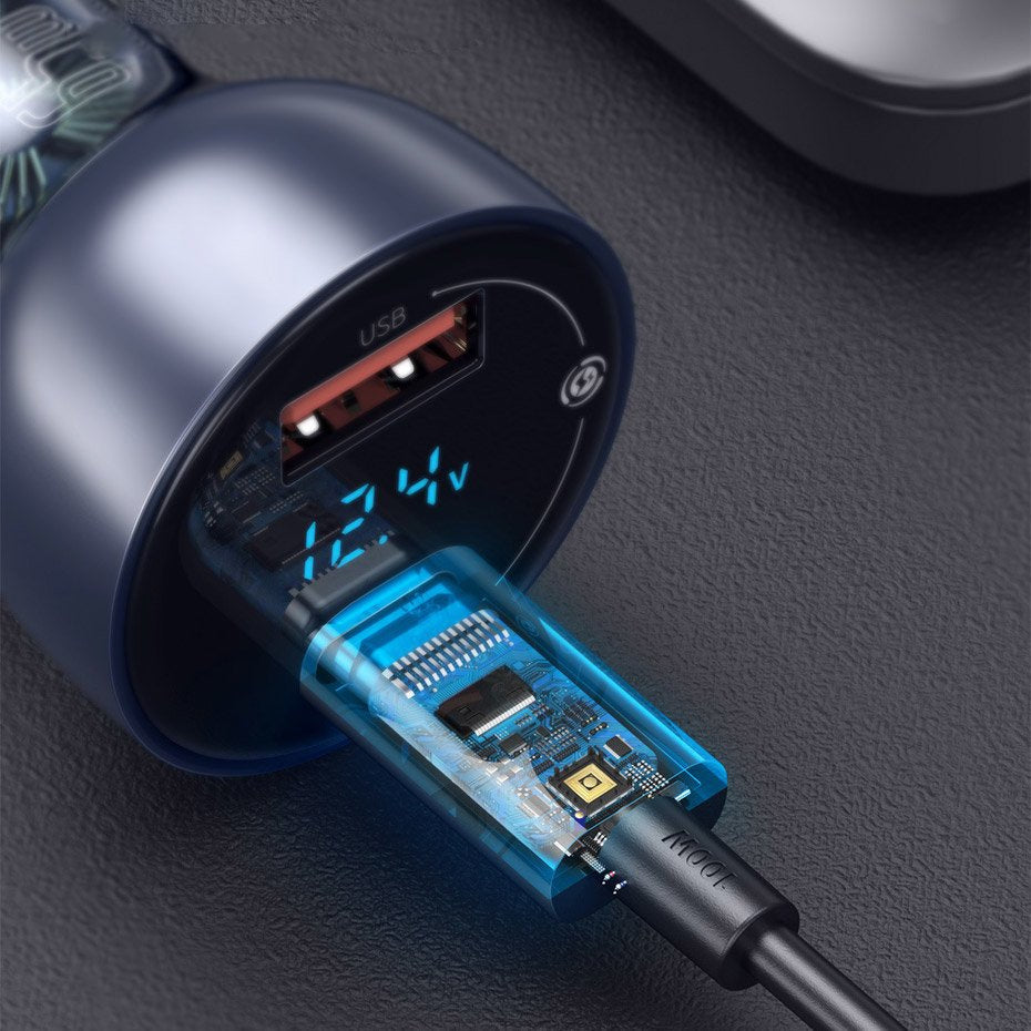 Baseus Ładowarka samochodowa USB-A / USB-C 65W SCP Quick Charge 4.0+ Power Delivery 3.0 z ekranem LCD