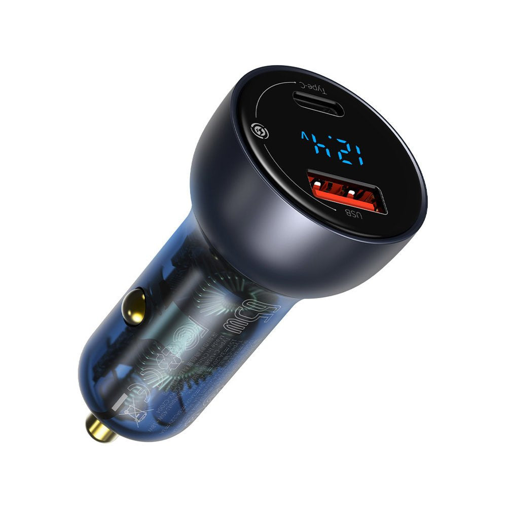 Baseus Ładowarka samochodowa USB-A / USB-C 65W SCP Quick Charge 4.0+ Power Delivery 3.0 z ekranem LCD