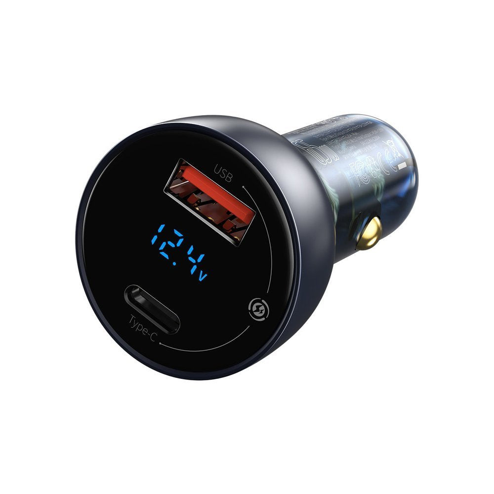 Baseus Ładowarka samochodowa USB-A / USB-C 65W SCP Quick Charge 4.0+ Power Delivery 3.0 z ekranem LCD