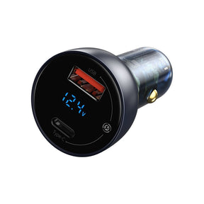 Baseus Ładowarka samochodowa USB-A / USB-C 65W SCP Quick Charge 4.0+ Power Delivery 3.0 z ekranem LCD