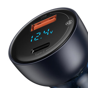 Baseus Ładowarka samochodowa USB-A / USB-C 65W SCP Quick Charge 4.0+ Power Delivery 3.0 z ekranem LCD