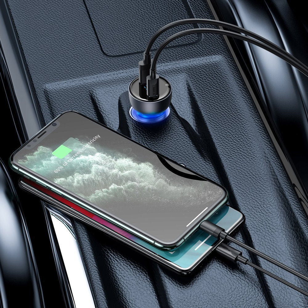 Baseus Ładowarka samochodowa USB-A / USB-C 65W SCP Quick Charge 4.0+ Power Delivery 3.0 z ekranem LCD
