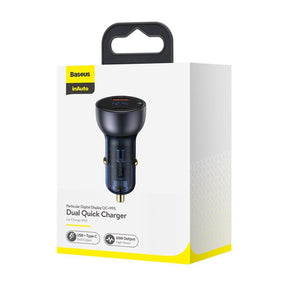 Baseus Ładowarka samochodowa USB-A / USB-C 65W SCP Quick Charge 4.0+ Power Delivery 3.0 z ekranem LCD