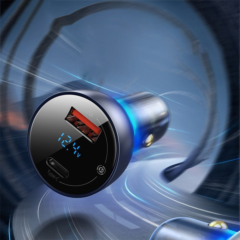 Baseus Ładowarka samochodowa USB-A / USB-C 65W SCP Quick Charge 4.0+ Power Delivery 3.0 z ekranem LCD