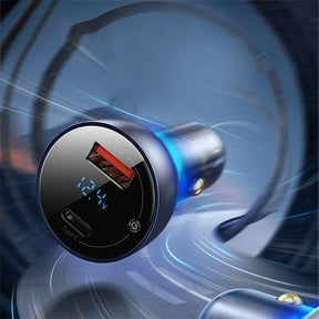 Baseus Ładowarka samochodowa USB-A / USB-C 65W SCP Quick Charge 4.0+ Power Delivery 3.0 z ekranem LCD