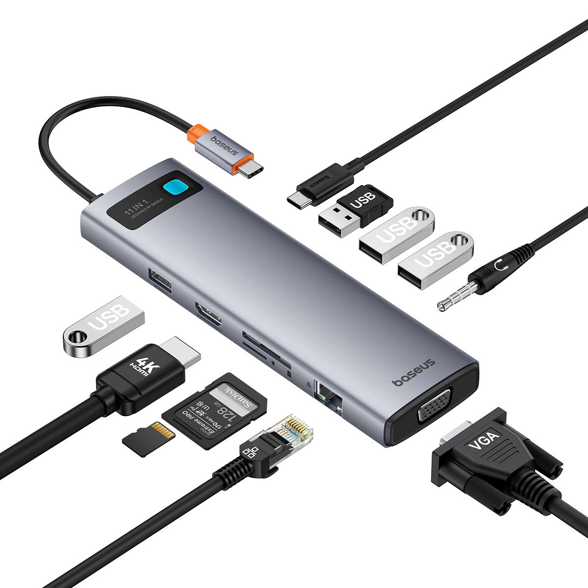 HUB 11w1 Baseus Metal Gleam Series USB-C do USB-C PD / 3x USB-A 3.0 / USB-A 2.0 / HDMI / VGA / AUX / RJ-45 / SD TF