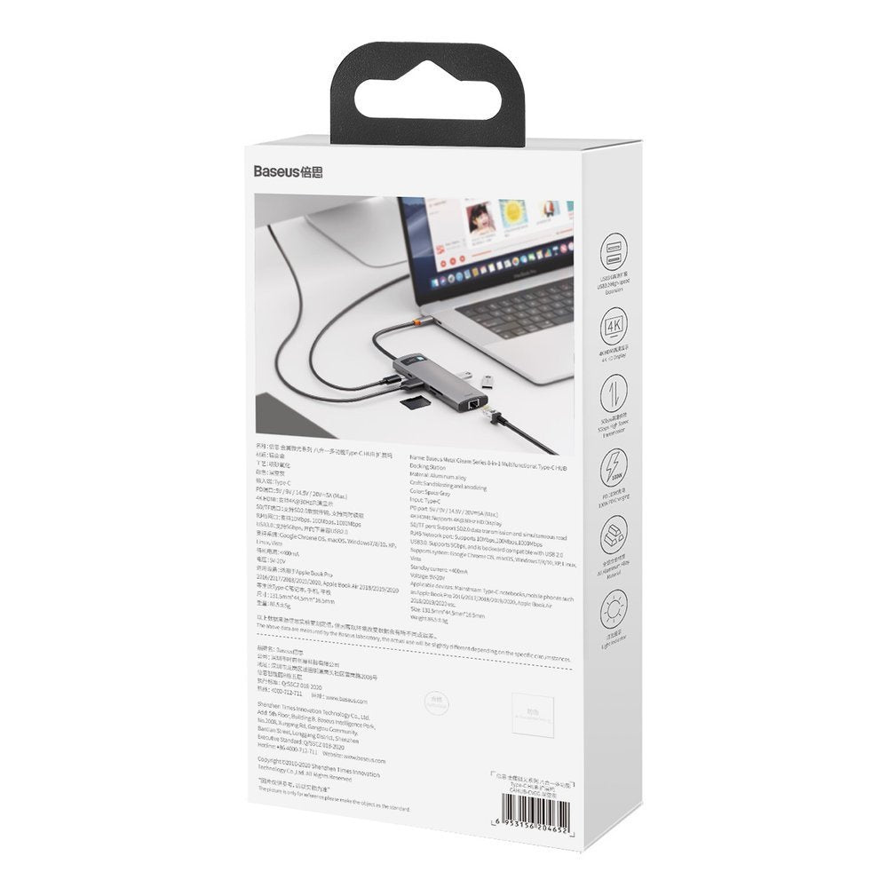 Hub Baseus Metal Gleam 8w1 USB-C - USB-C PD 100W HDMI 4K czytnik kart SD microSD USB-A 3.2 RJ45