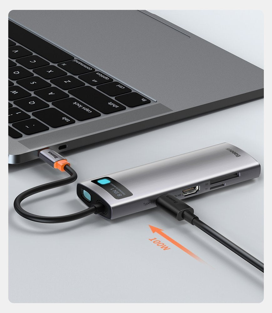 Hub Baseus Metal Gleam 8w1 USB-C - USB-C PD 100W HDMI 4K czytnik kart SD microSD USB-A 3.2 RJ45