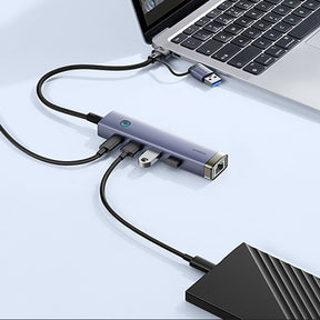 Hub Baseus UltraJoy Series 4 w 1 USB-A/USB-C do 3 x USB-A 3.0 + 1 x RJ45 + 1 x wejście USB-C 5V