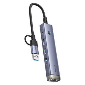 Hub Baseus UltraJoy Series 4 w 1 USB-A/USB-C do 3 x USB-A 3.0 + 1 x RJ45 + 1 x wejście USB-C 5V