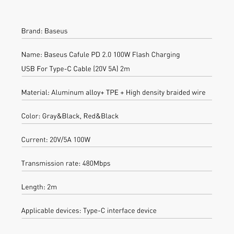 Baseus Cafule CATKLF-ALG1 Kabel USB-C – USB-C PD QC 100W 5A 2m
