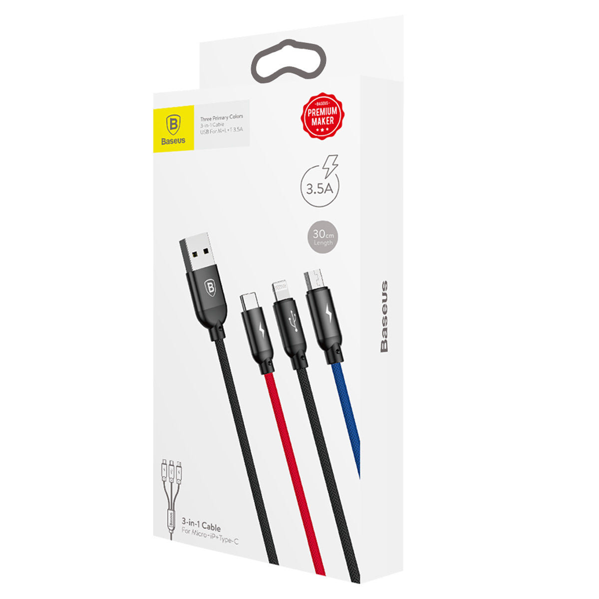 Kabel Baseus Three Primary Colors 3w1 USB-A - micro USB / Lightning / USB-C 3.5A 0,3 m