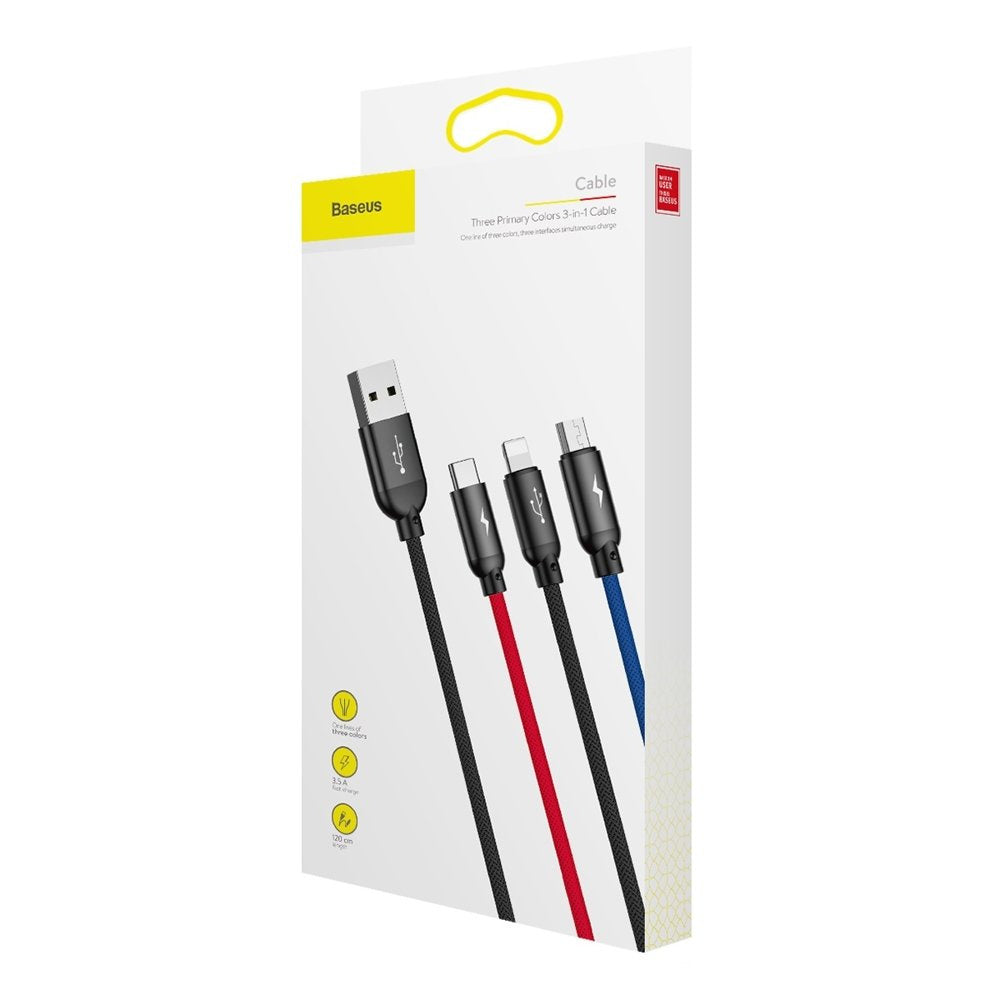 Baseus Three Primary Colors Kabel 3w1 USB-A - micro USB / Lightning / USB-C 3.5A 1,2 m